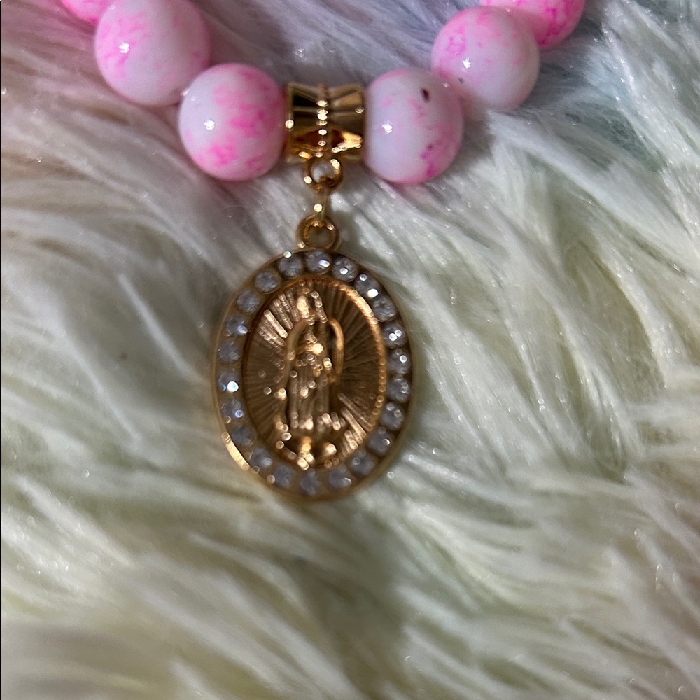 Pink and Gold Beaded Bracelet with Pendant - Picture 2 of 2